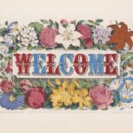 Blue and red WELCOME text surrounded by vintage-looking flowers on a beige background to welcome patients to the dental office