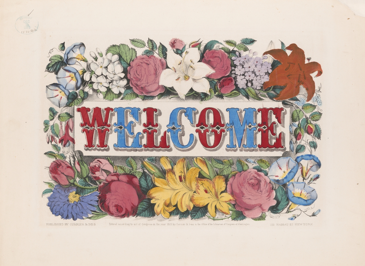 Blue and red WELCOME text surrounded by vintage-looking flowers on a beige background to welcome patients to the dental office